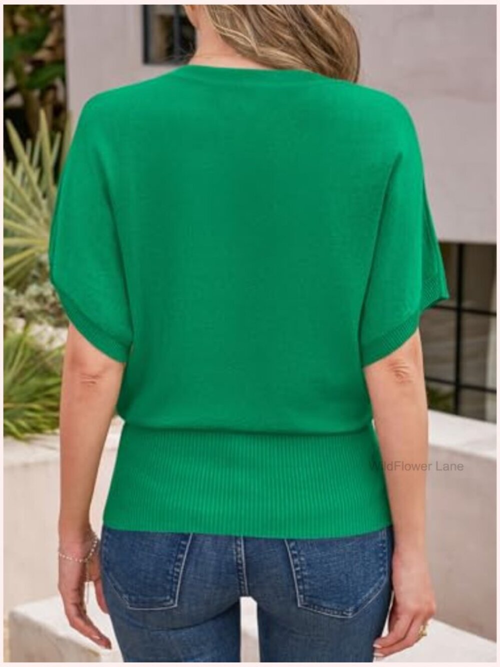Batwing Short Sleeve Sweater Crew Neck Cinched Waist Ribbed Knit Summer Pullover - Picture 6 of 7